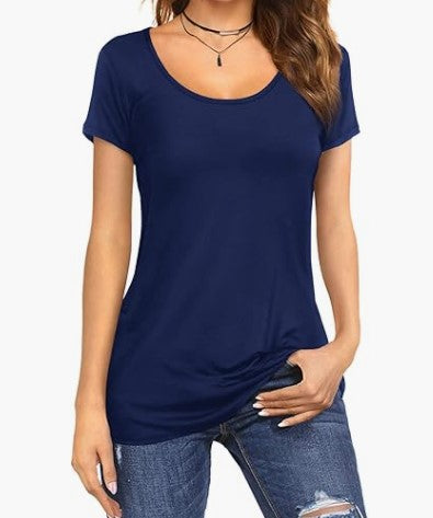 Camiseta de verano para mujer, sencilla, de color liso, con cuello redondo y manga corta.