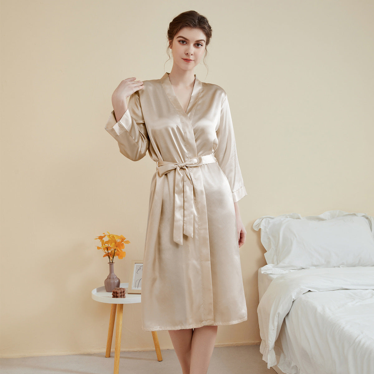 Women Fashion Satin Long Sleeve Lace-Up Pajamas Casual Loose Style