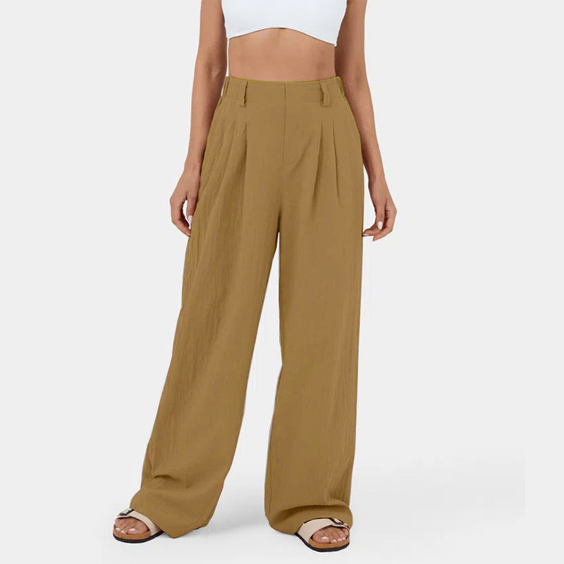 Pantalones casuales de algodón con cintura alta y pierna ancha para mujer