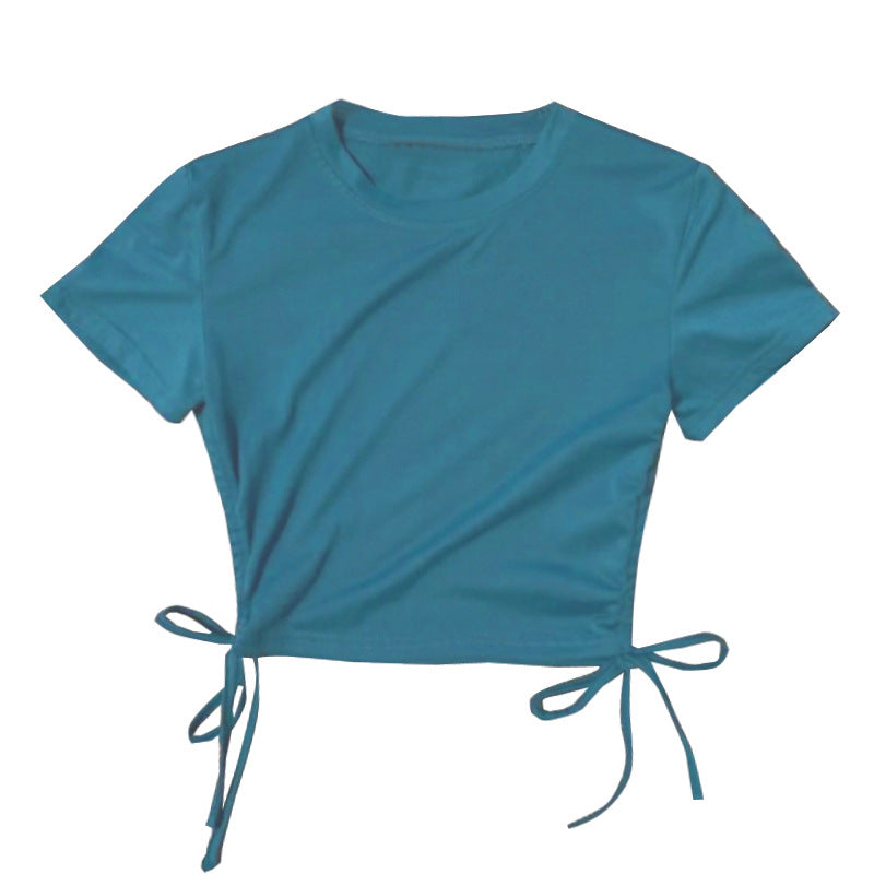 Top corto de manga corta con cordón ajustable, sexy, de color liso, a la moda para mujer
