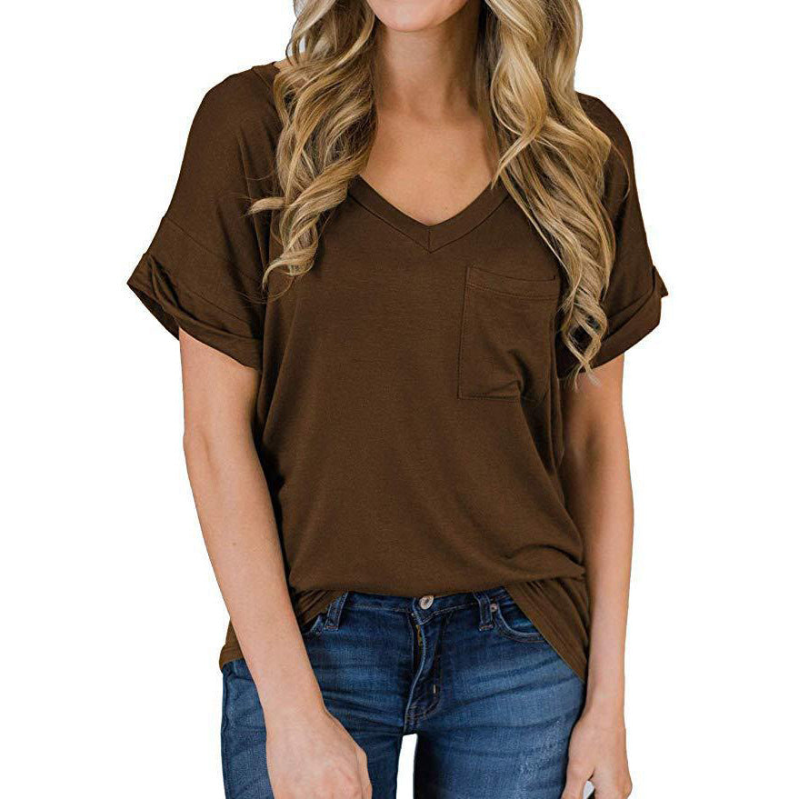Camiseta lisa de manga corta con cuello en V para mujer