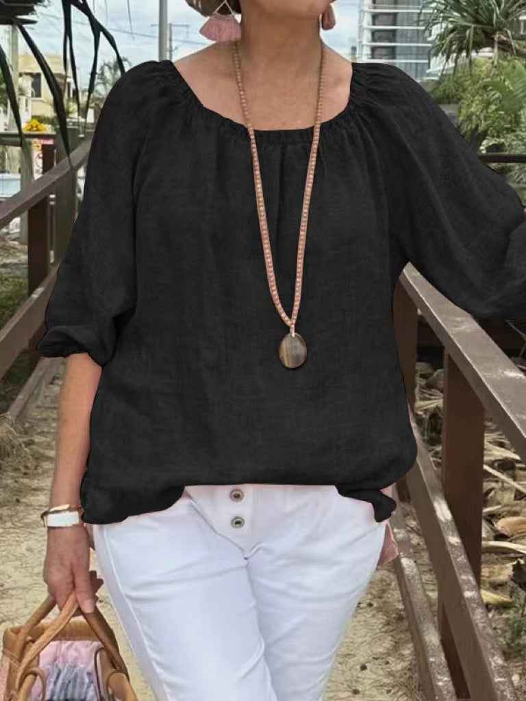 Top informal de lino y algodón con cuello redondo de color liso para mujer