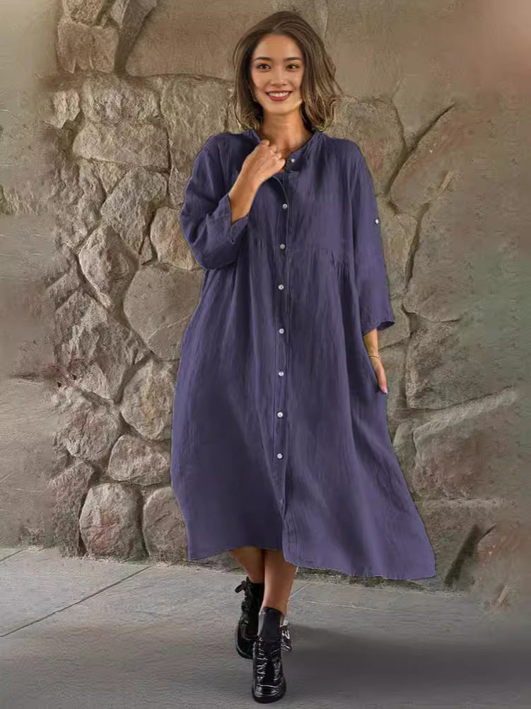 Robe chemise boutonnée décontractée en coton et lin pour femme, couleur unie