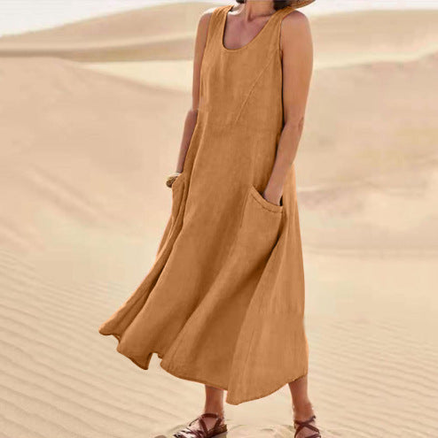 Robe d'été décontractée en lin de couleur unie pour femme