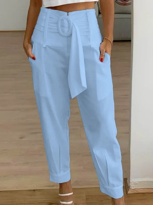 Pantalones casuales de lino con estampado floral de color liso de verano para mujer