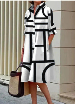 Vestido informal de manga larga con solapa y estampado para mujer