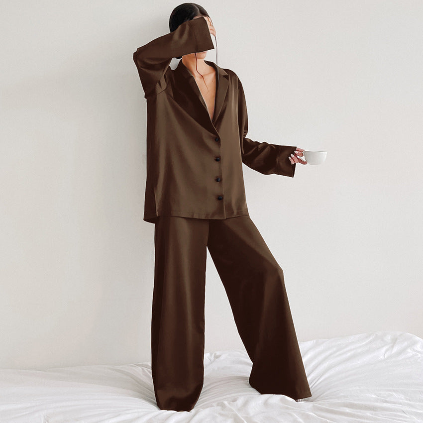 Women's Long-Sleeved Solid Satin Two-Piece Pajamas