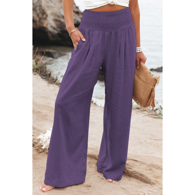 Women Fashion Casual Solid Color Cotton Linen Wide Leg Pants