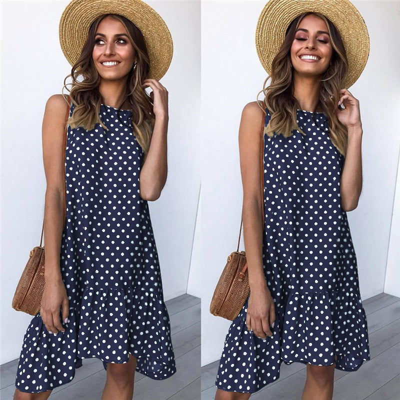 Minivestido playero bohemio de verano con lunares, sin mangas y volantes para mujer