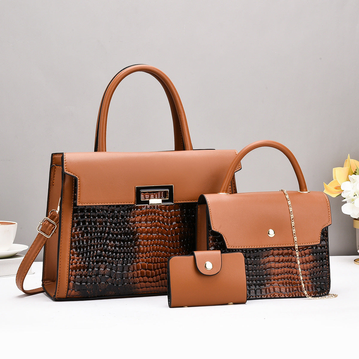 Crocodile PU Women Portable Shoulder Bag Three-Piece Set