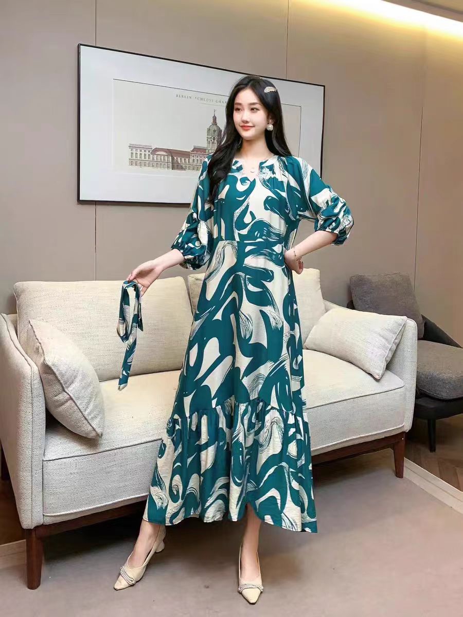 Vestido informal de gasa con cuello en V y estampado para mujer
