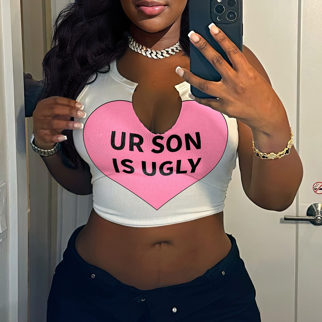Top corto sin mangas con cuello en U y estampado de letras sexy para mujer