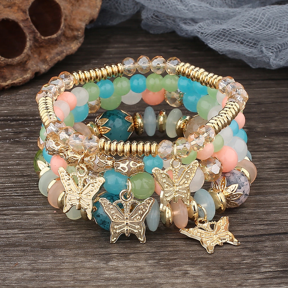 Bohemian Multi-Layer Beaded Butterfly Pendant Bracelet