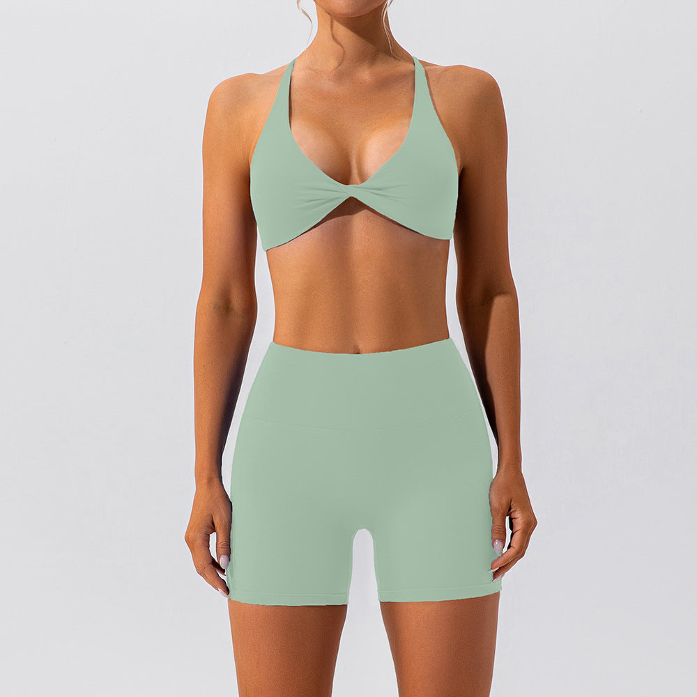 Women Fashion Solid Color Halter-Neck Crop Top Set