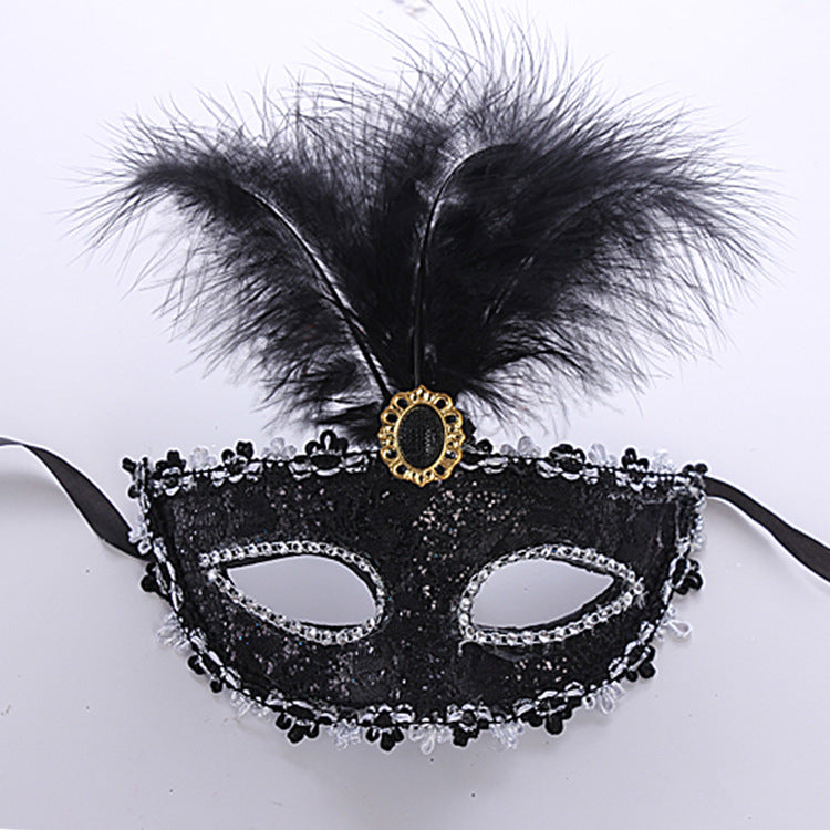 Máscara de plumas y gemas de colores sólidos para Halloween, a la moda para mujer