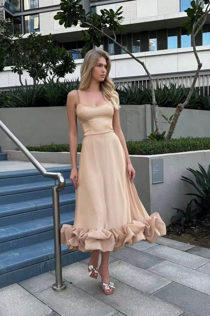 Women Fashion Elegant Solid Color Spaghetti Strap Dress