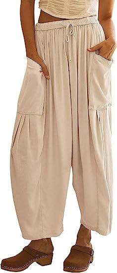 Pantalones anchos de cintura alta de lino y algodón para mujer