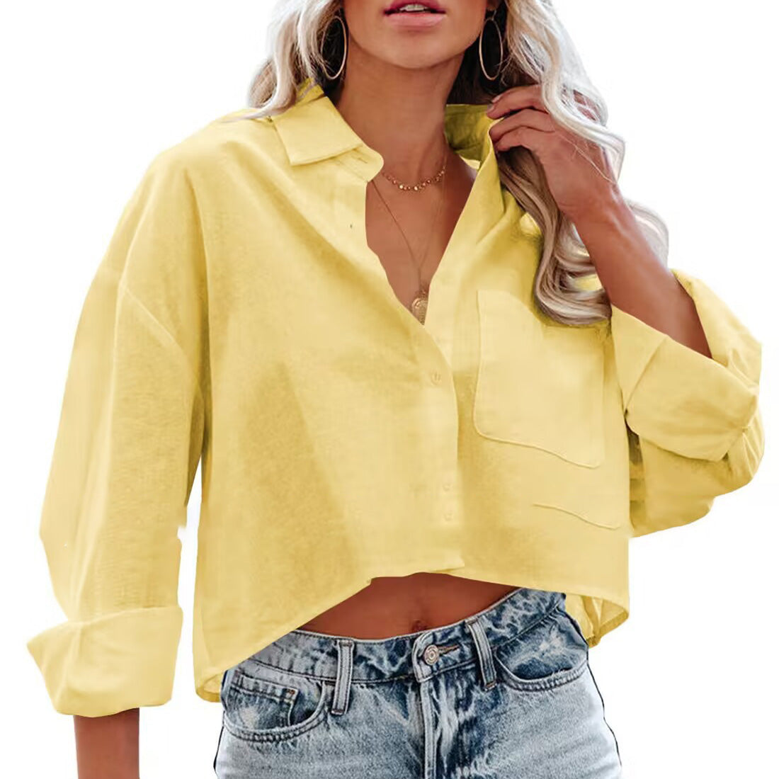 Blusa corta informal de algodón de manga larga de color liso para mujer