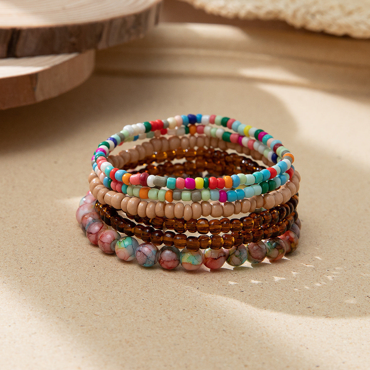 Conjunto de pulseras elásticas de cuentas de arroz multicolor bohemias