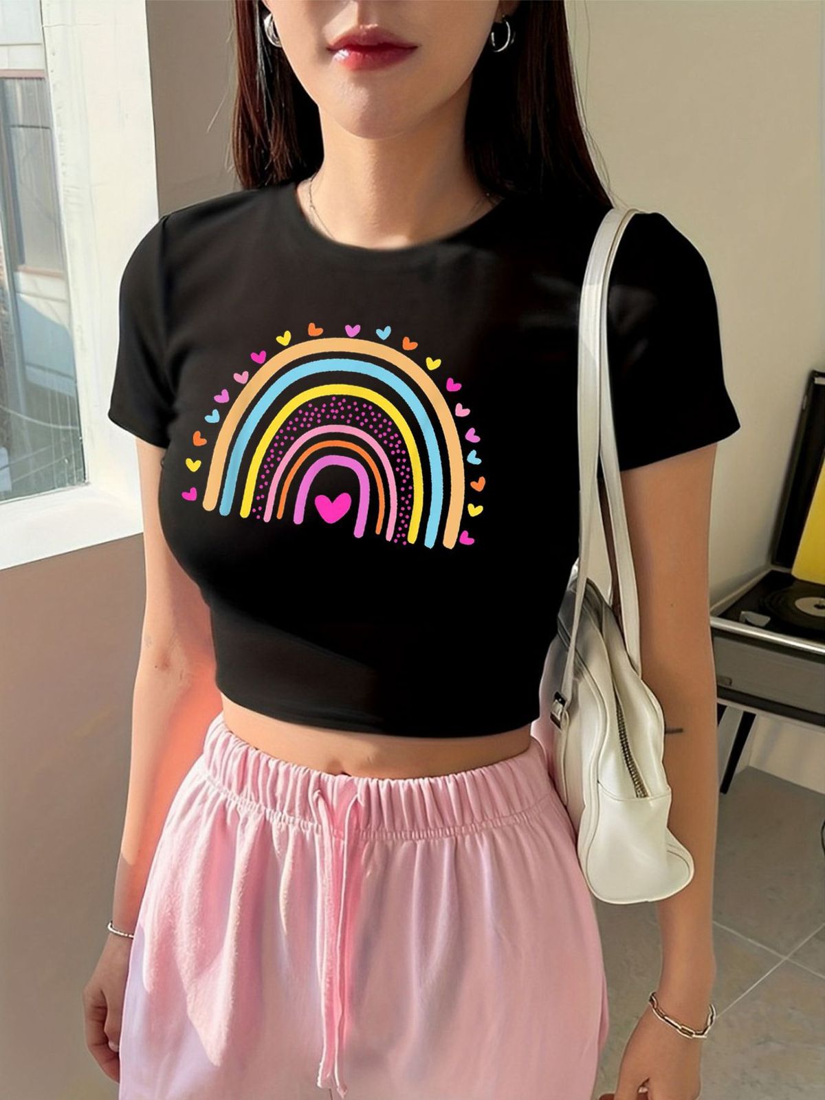 Women Fashion Casual Printed Short-Sleeve Slim-Fit Crop Top