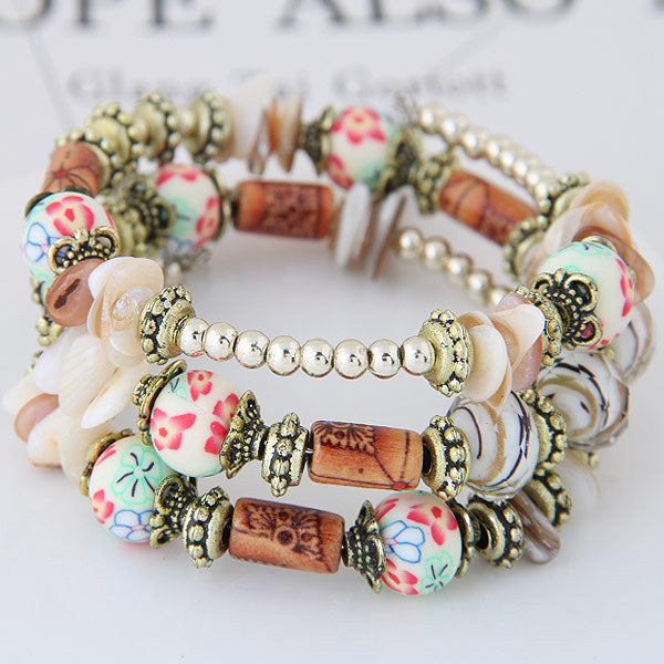 Women Fashion Boho Handmade Wooden Beaded Shell Gravel Crystal Multilayer Bracelet