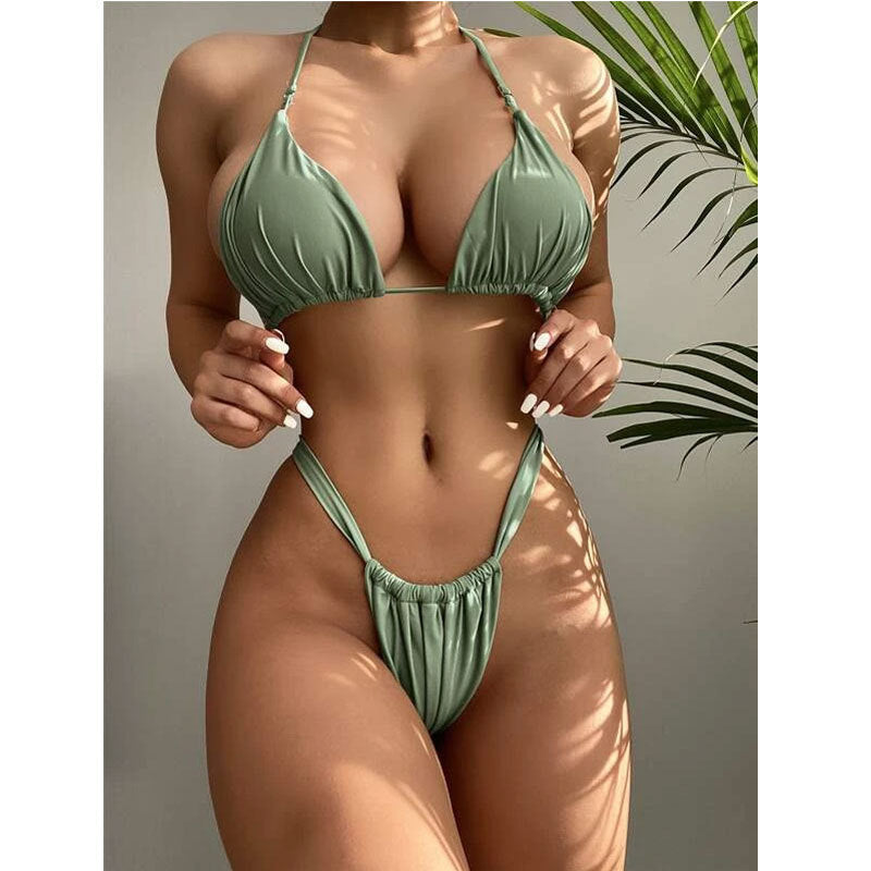 Bikini sexy de cuello halter de color sólido a la moda de verano para mujer