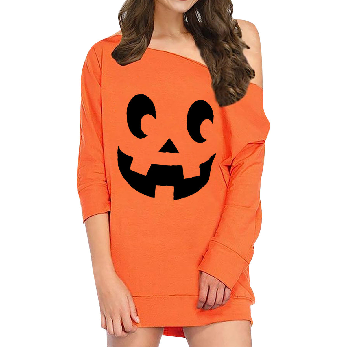 Vestido holgado de manga larga con estampado de calabaza y sonrisa de Halloween para mujer