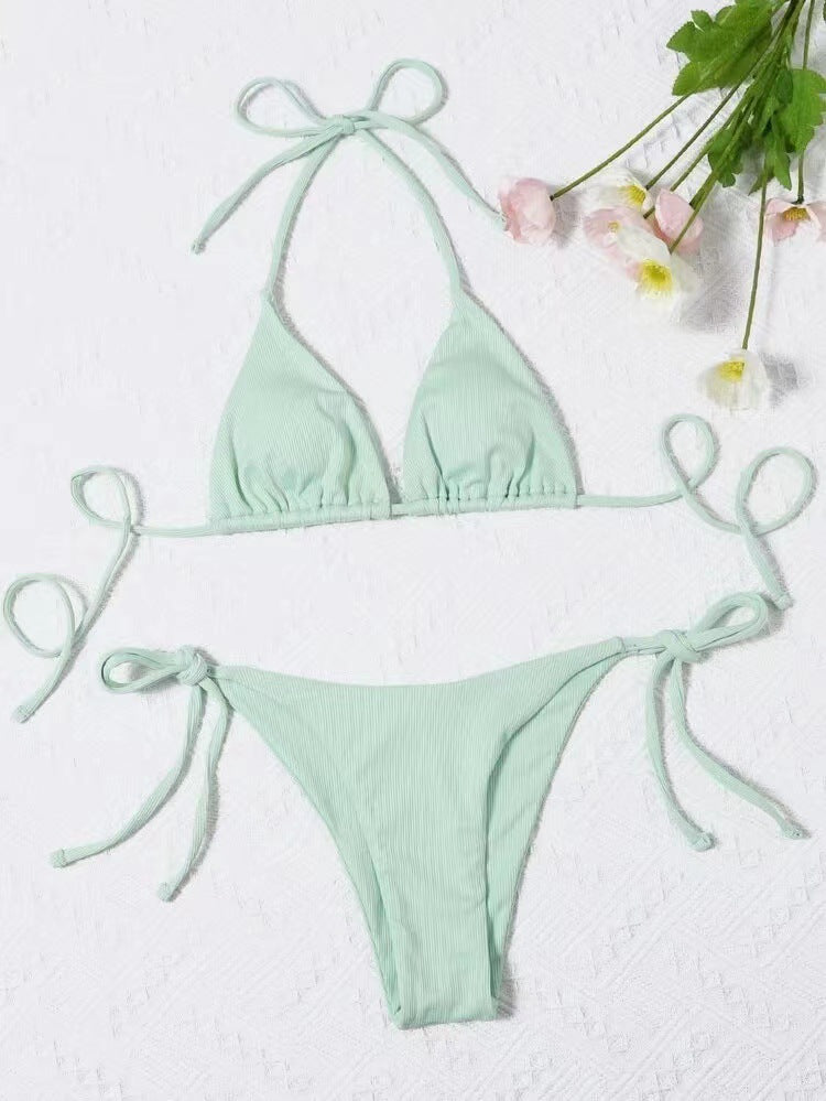 Conjunto de bikini sexy con tirantes finos de color liso para mujer de verano
