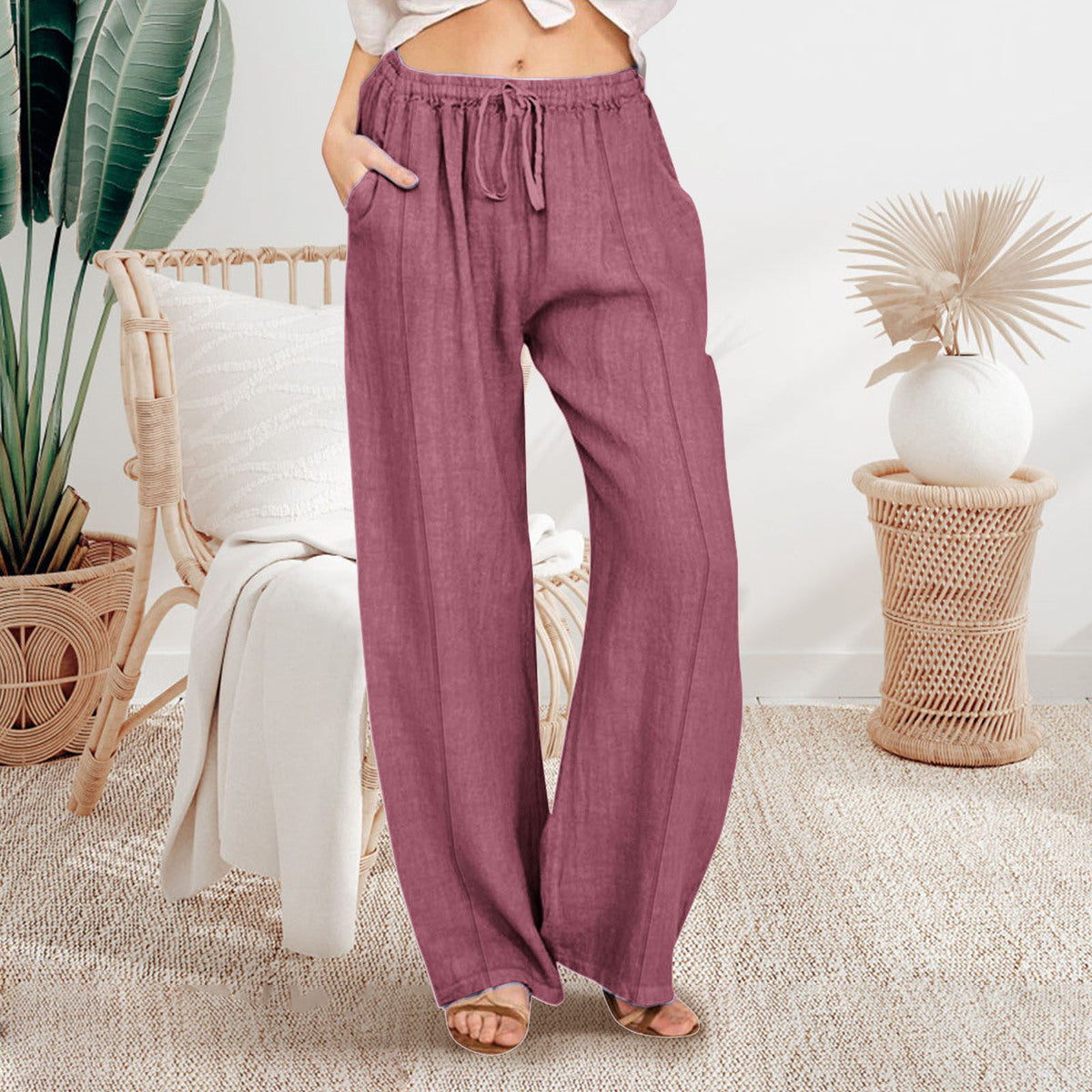 Pantalones casuales de algodón de color sólido a la moda para mujer
