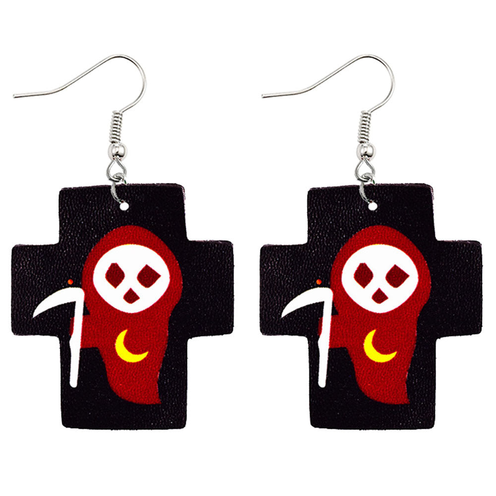 Halloween Women Horror Funny Pumpkin Ghost Bat PU Earrings
