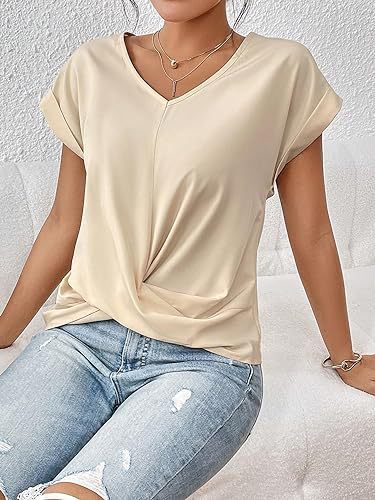 Summer Women Casual Solid Color V-Neck Short Sleeve Blank T-Shirt
