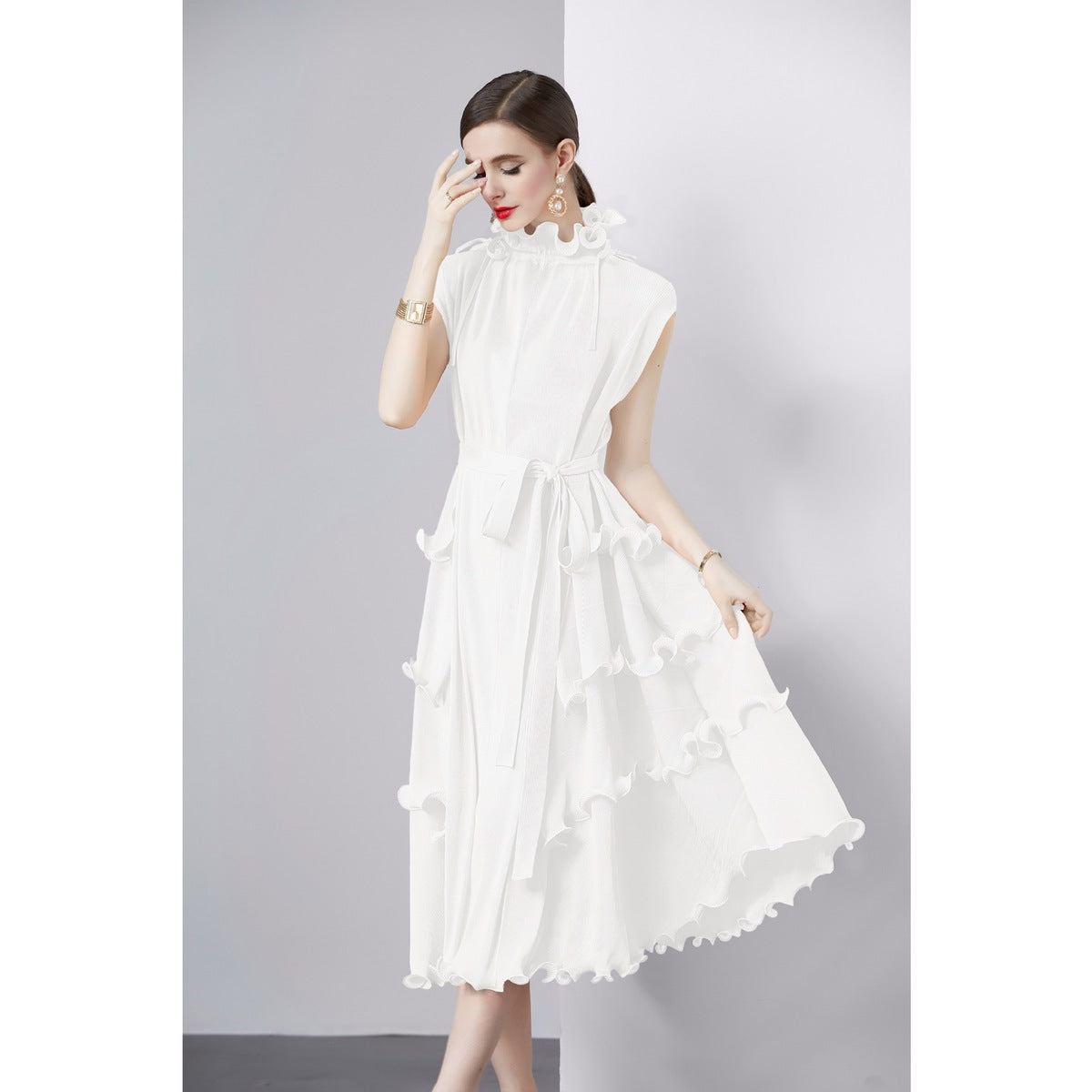 Women Solid Color Pleated Chiffon Dress