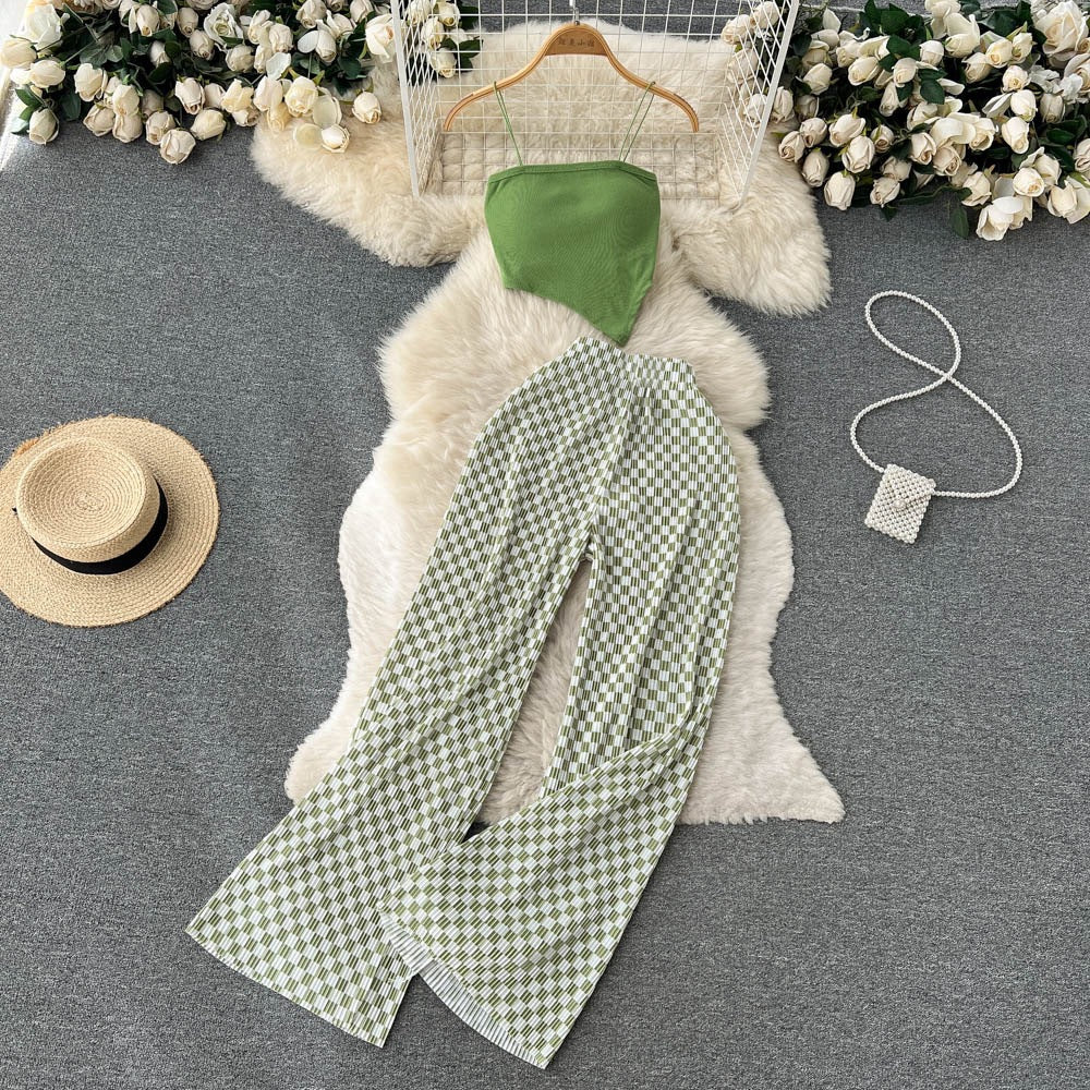 Ensemble deux pièces pour femme, caraco à bretelles spaghetti et pantalon large en tissu mélangé