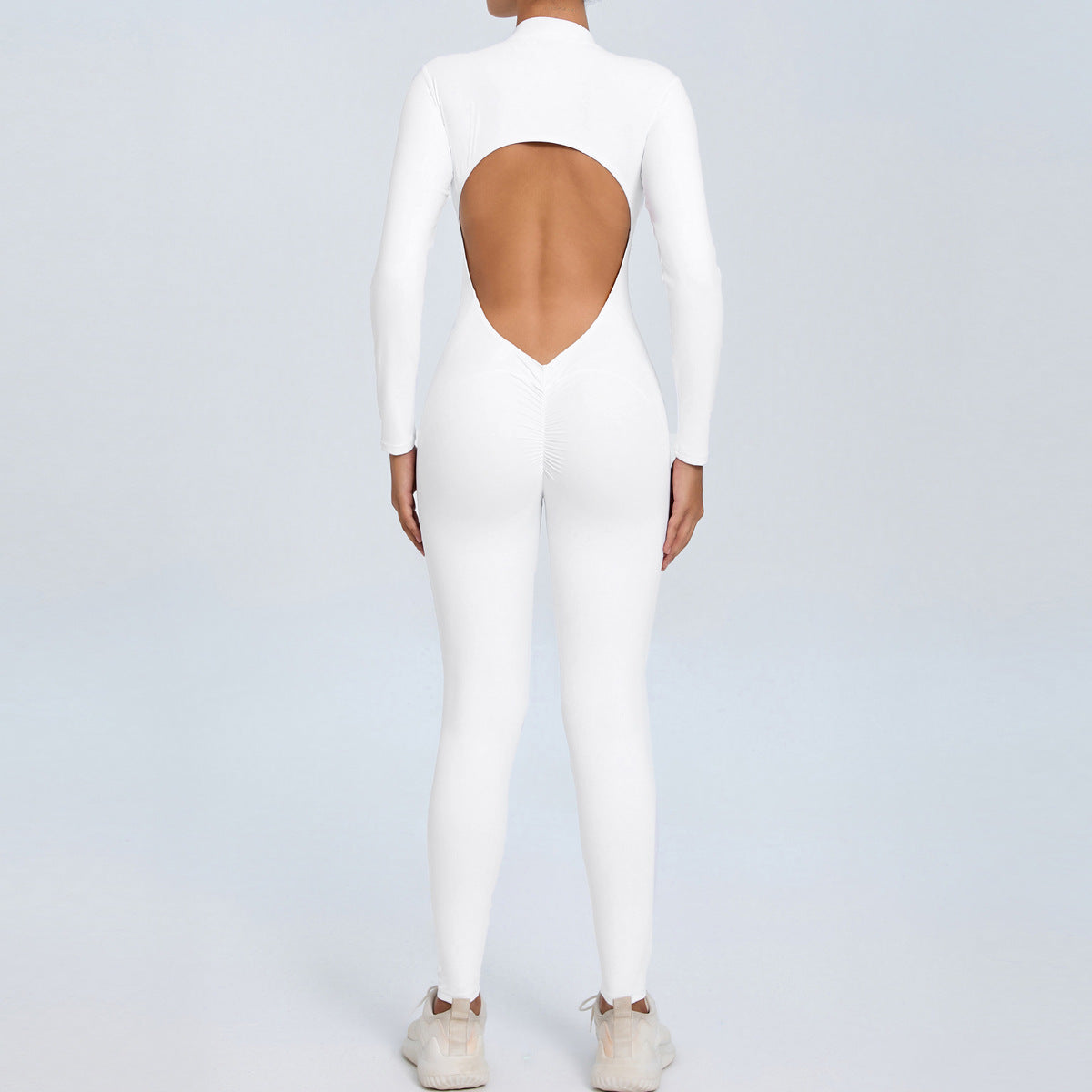 Women Fashion Solid Color Zipper Long-Sleeve Yoga Jumpsuit