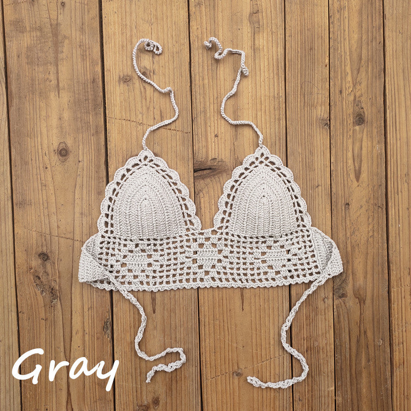 Top de bikini de crochet con cuello halter, sexy, de color liso para mujer