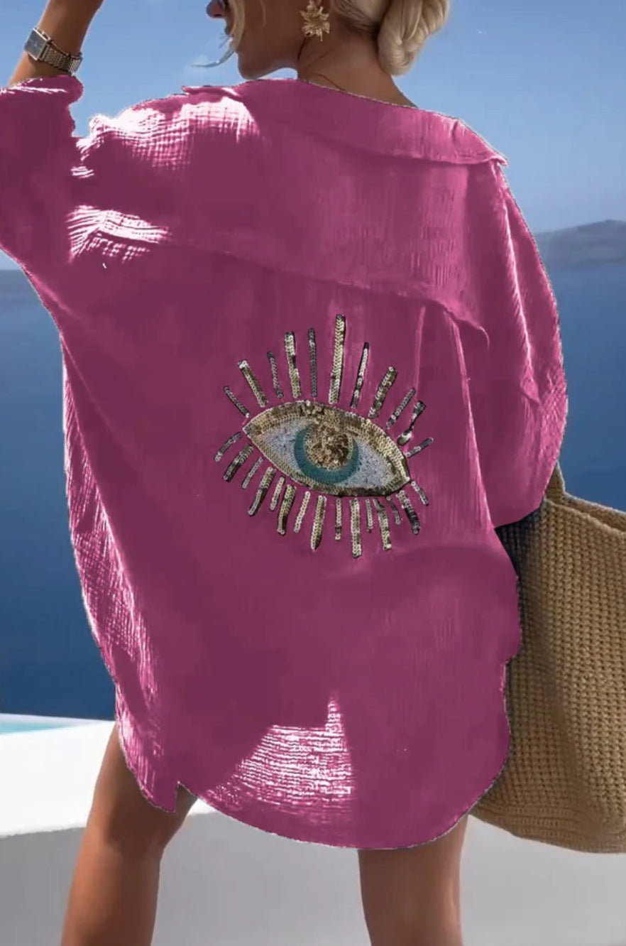 Camisa informal de verano para mujer con estampado de mal de ojo en la espalda