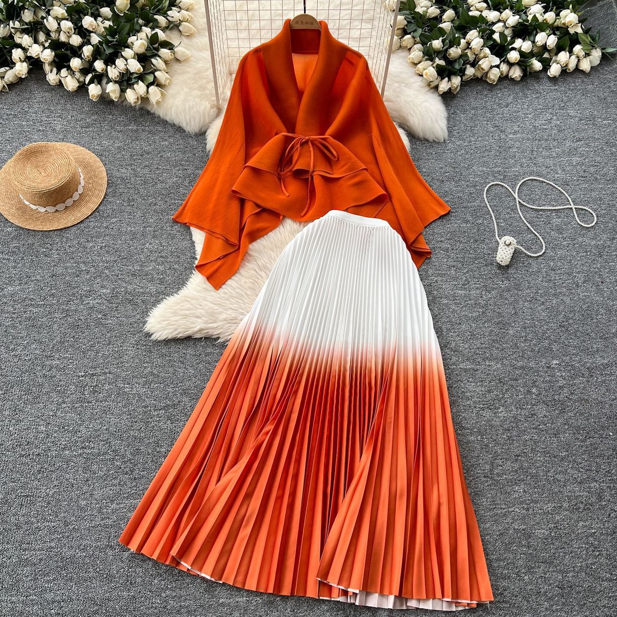 Women Gradient Color Lace-Up Blouse Pleated Skirt Set