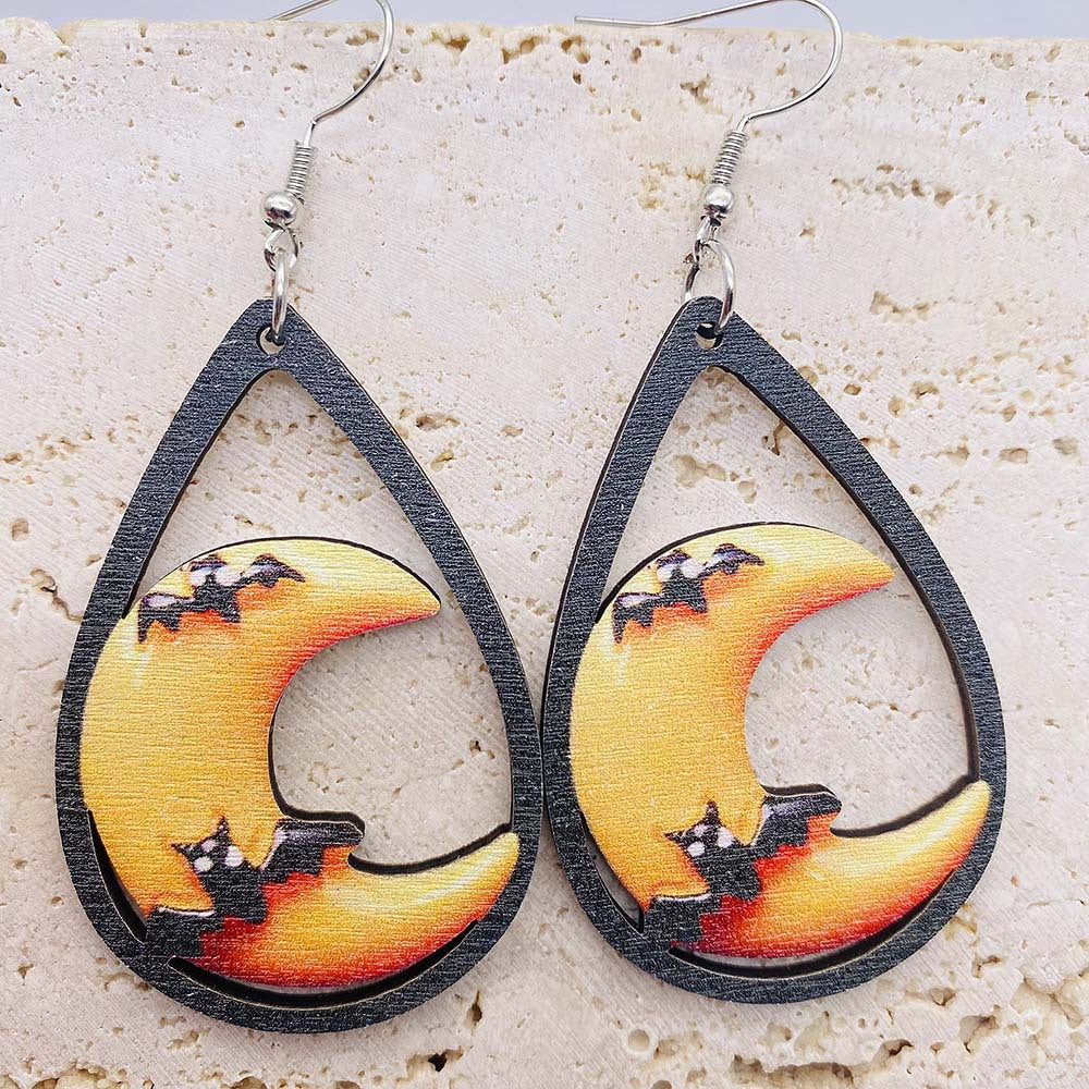 Halloween Women Funny Pumpkin Wizard Wooden Earrings