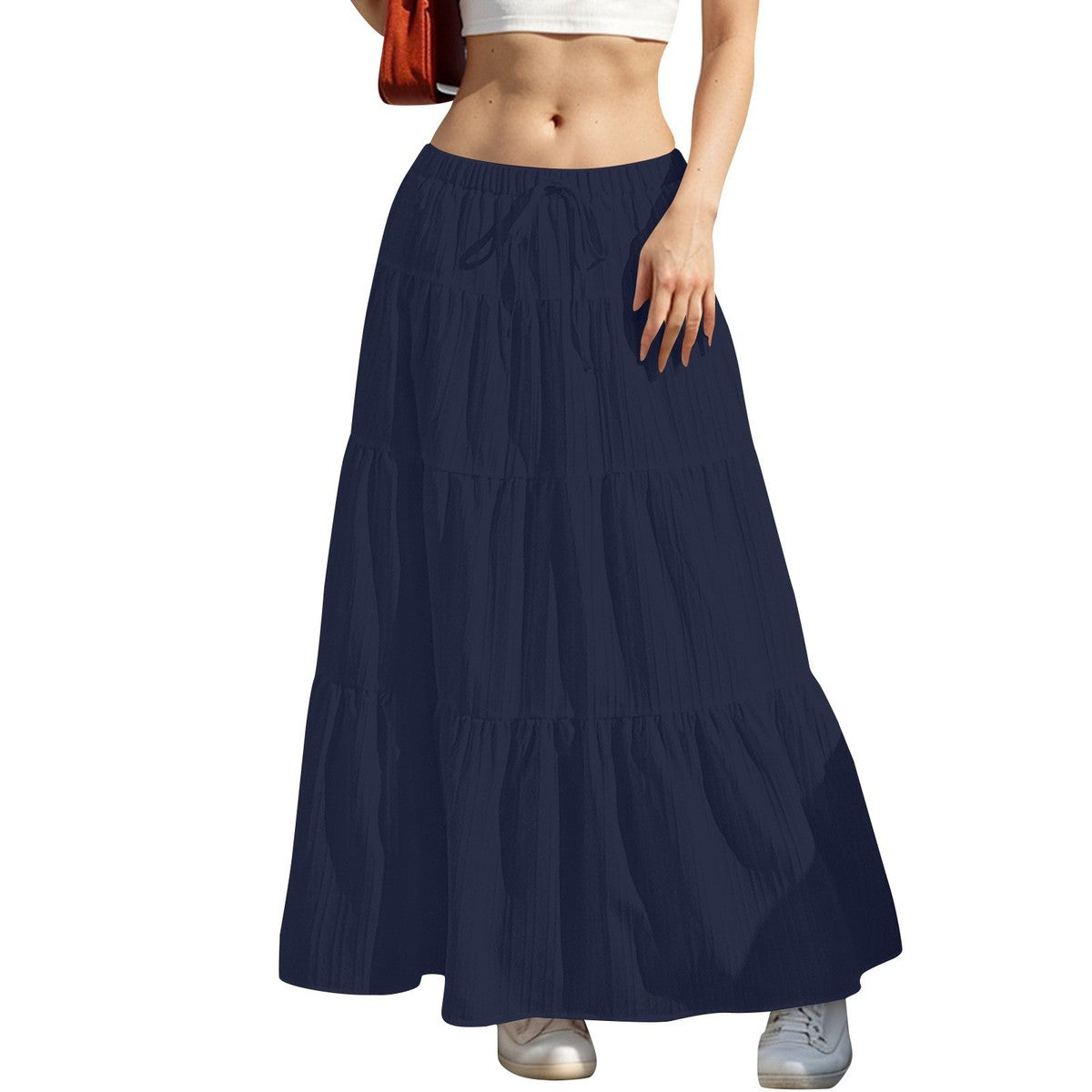 Women Casual Solid Color Drawstring Maxi Skirt with Splice Design