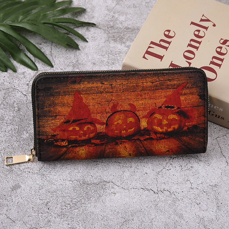 Monederos con cremallera multicapa con estampado de calabaza y murciélago de Halloween para mujer