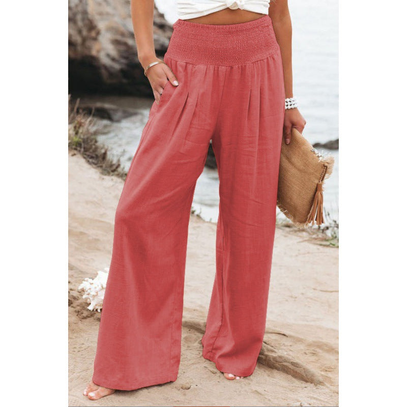 Pantalones anchos casuales de algodón y lino para mujer