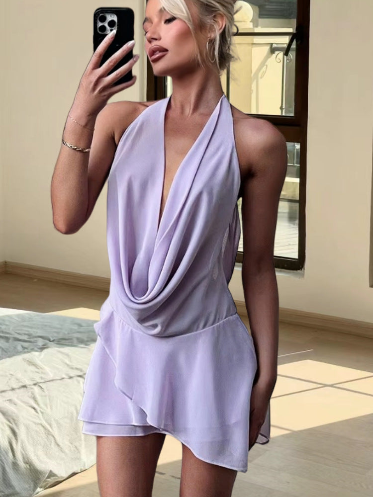Women Fashion Sexy Solid Color Chiffon Dress