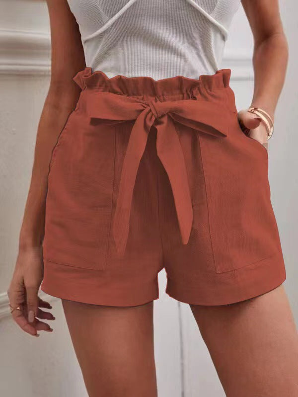 Women Casual Linen Solid Color Loose Pocket Shorts