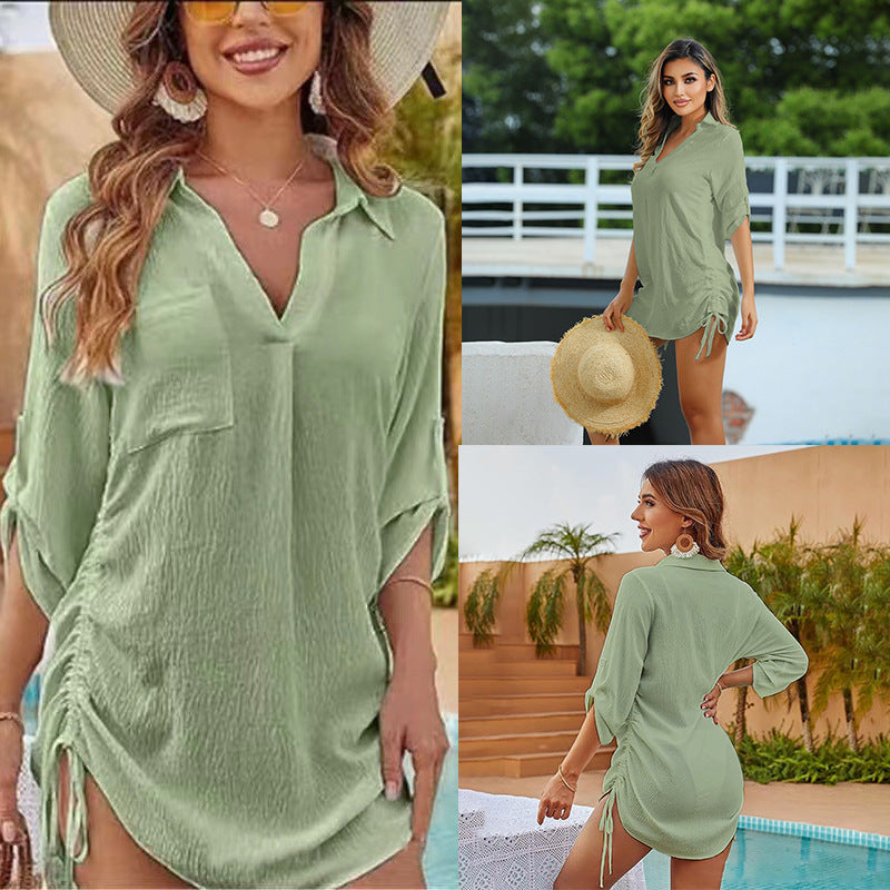 Vestido playero informal de cuello en V de color liso para mujer