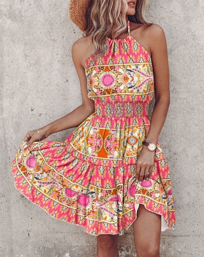 Summer Women Fashion Bohemian Halter Neck Sleeveless Dress