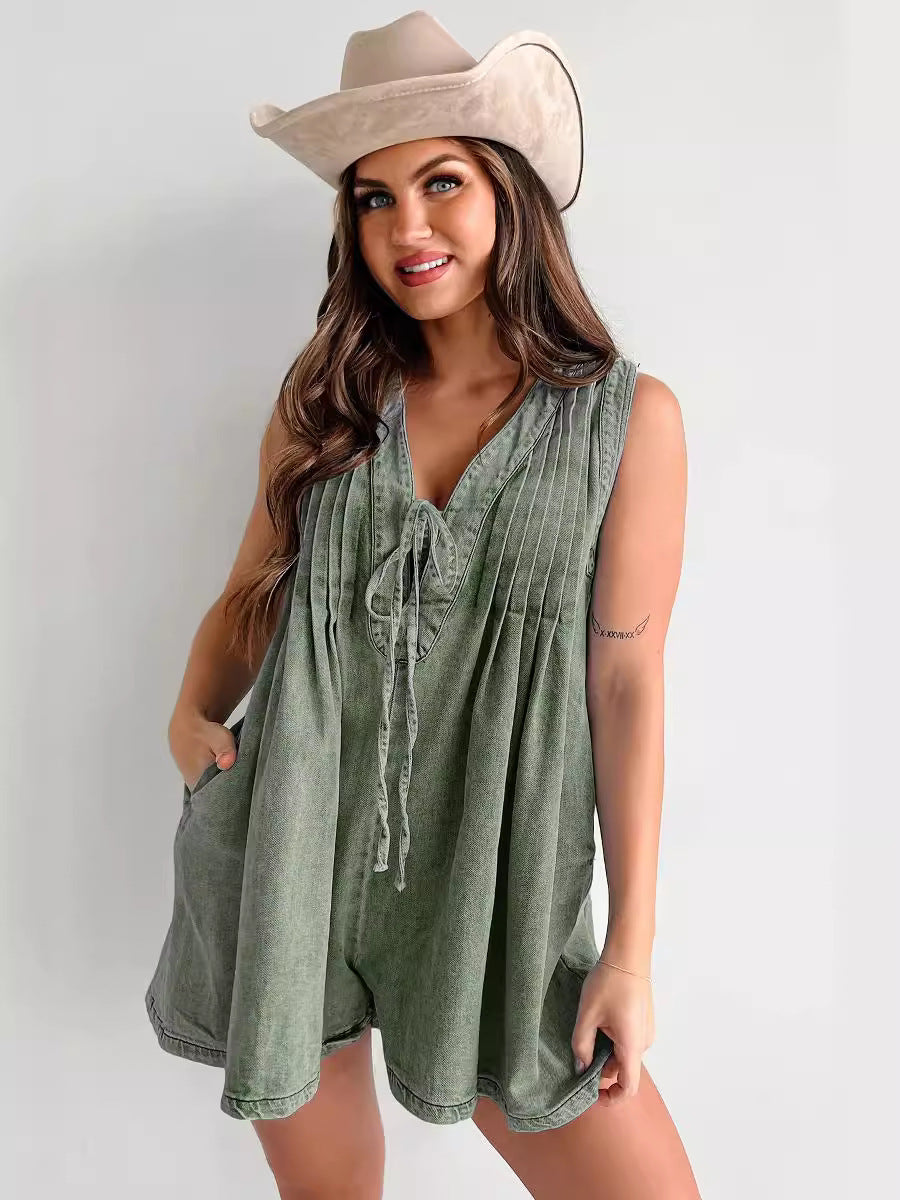 Combinaison en jean ample sans manches à col en V et couleur unie pour femme