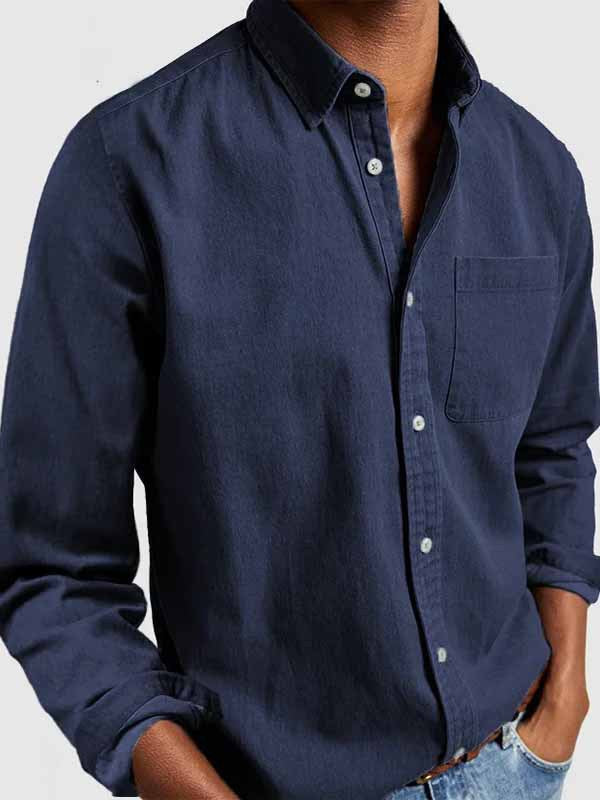 Men'S Casual Solid Color Cotton Shirt with Lapel