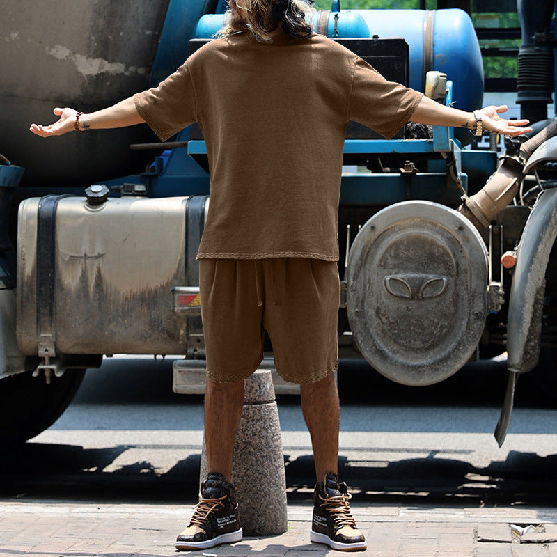 Men's Casual Solid Color Cotton Blend T-Shirt and Shorts Set