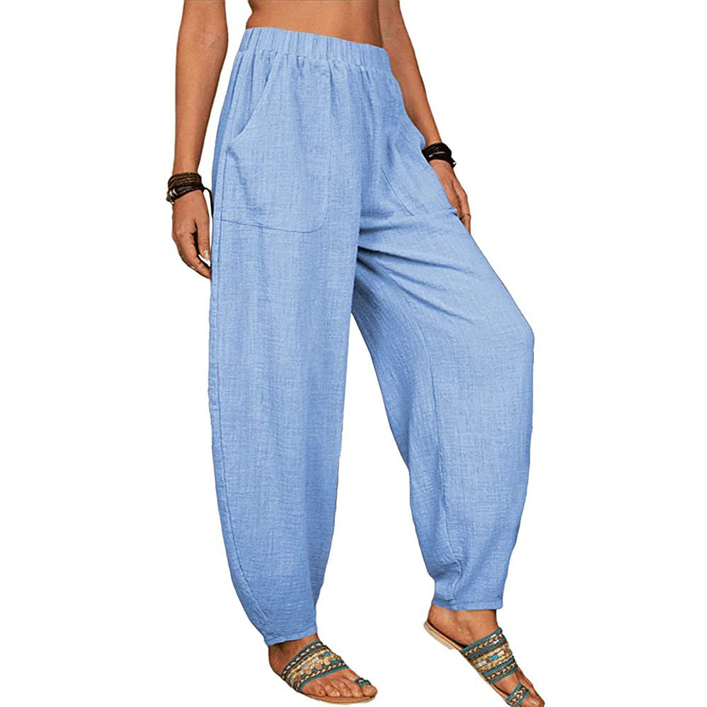 Pantalones harén de lino y algodón informales a la moda para mujer