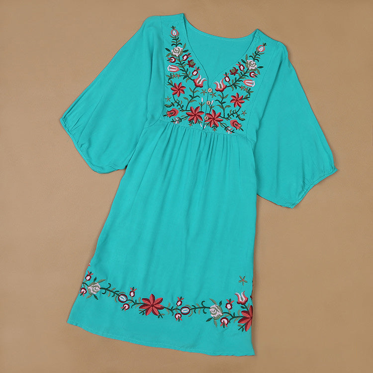 Women Casual Boho Floral Embroidered V-Neck Short-Sleeve Dress